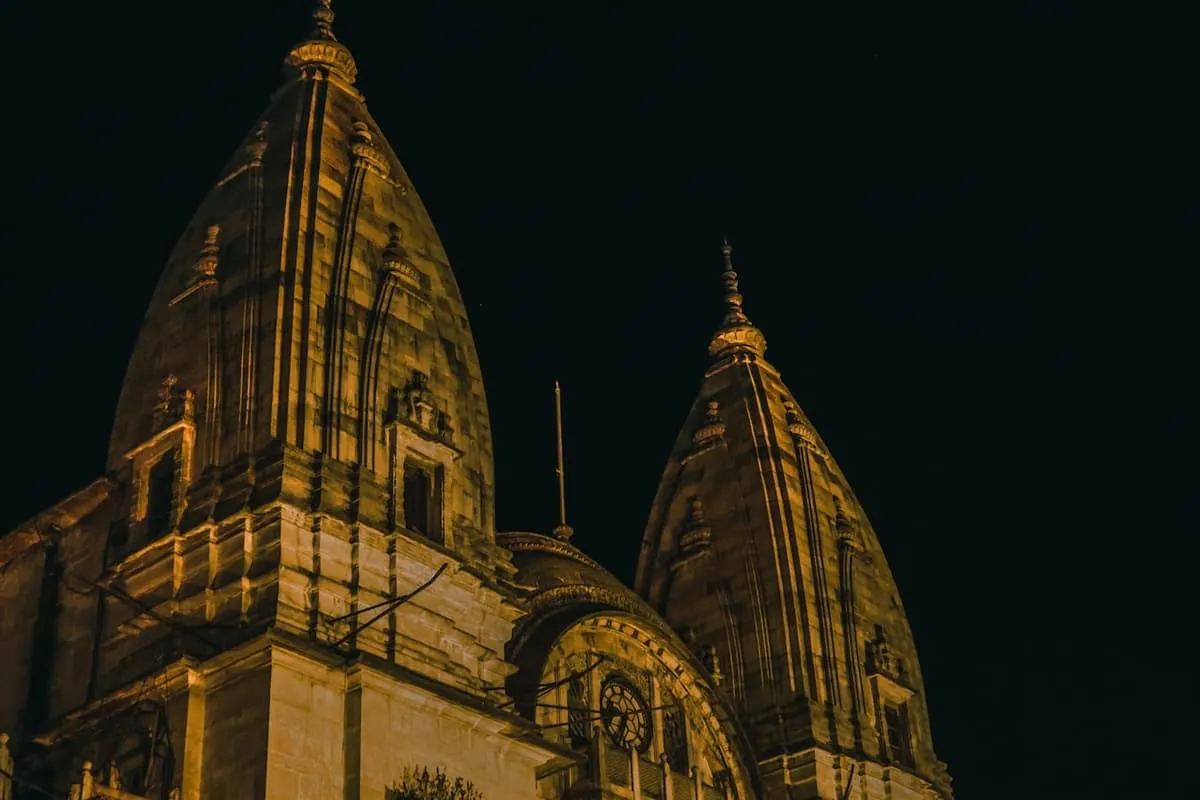 Hindu temple exterior bathed in warm evening light
